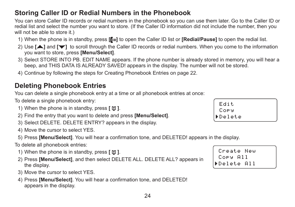 Deleting phonebook entries, Storing.caller.id.or.redial.numbers.in.the, Phonebook | Deleting.phonebook.entries | Uniden DECT2060 User Manual | Page 25 / 56