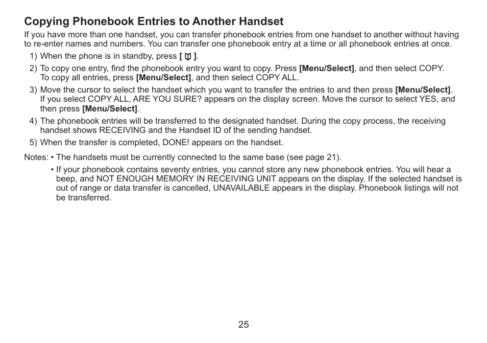 Copying phonebook entries to another handset, Copying.phonebook.entries.to.another.handset | Uniden DECT2060 User Manual | Page 26 / 56