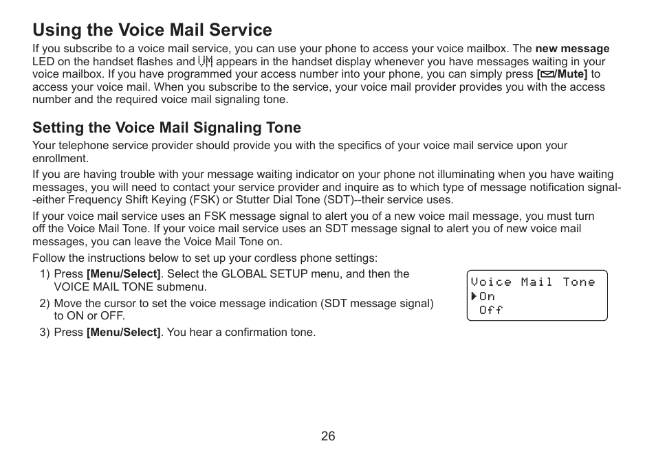 Using the voice mail service, Setting the voice mail signaling tone, Setting.the.voice.mail.signaling.tone | Uniden DECT2060 User Manual | Page 27 / 56