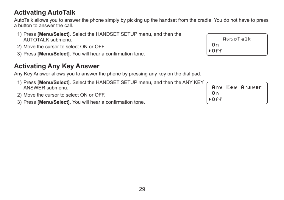 Activating autotalk, Activating any key answer, Activating.autotalk | Activating.any.key.answer | Uniden DECT2060 User Manual | Page 30 / 56