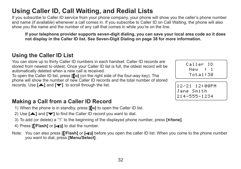 Using caller id, call waiting, and redial lists, Using the caller id list, Making a call from a caller id record | Using.the.caller.id.list, Making.a.call.from.a.caller.id.record | Uniden DECT2060 User Manual | Page 33 / 56