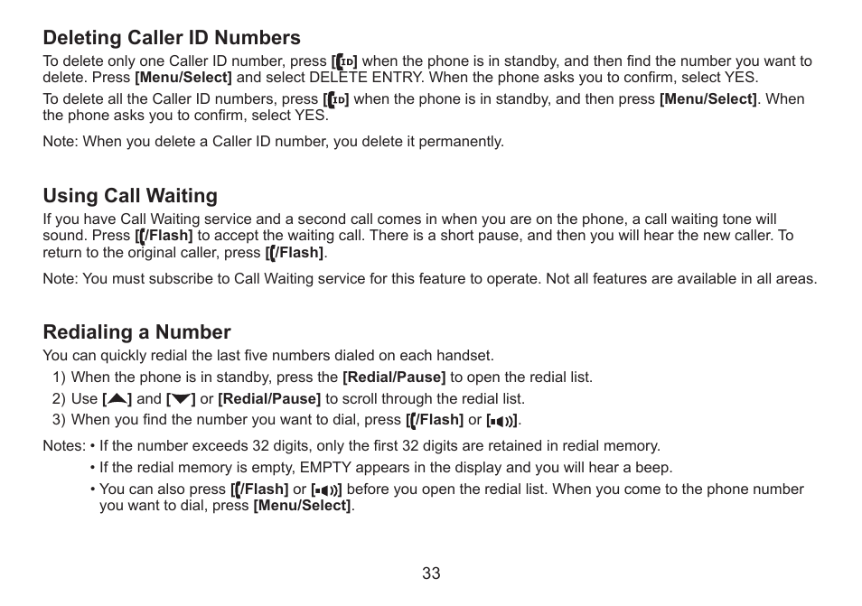 Deleting caller id numbers, Using call waiting, Redialing a number | Deleting.caller.id.numbers, Using.call.waiting, Redialing.a.number | Uniden DECT2060 User Manual | Page 34 / 56