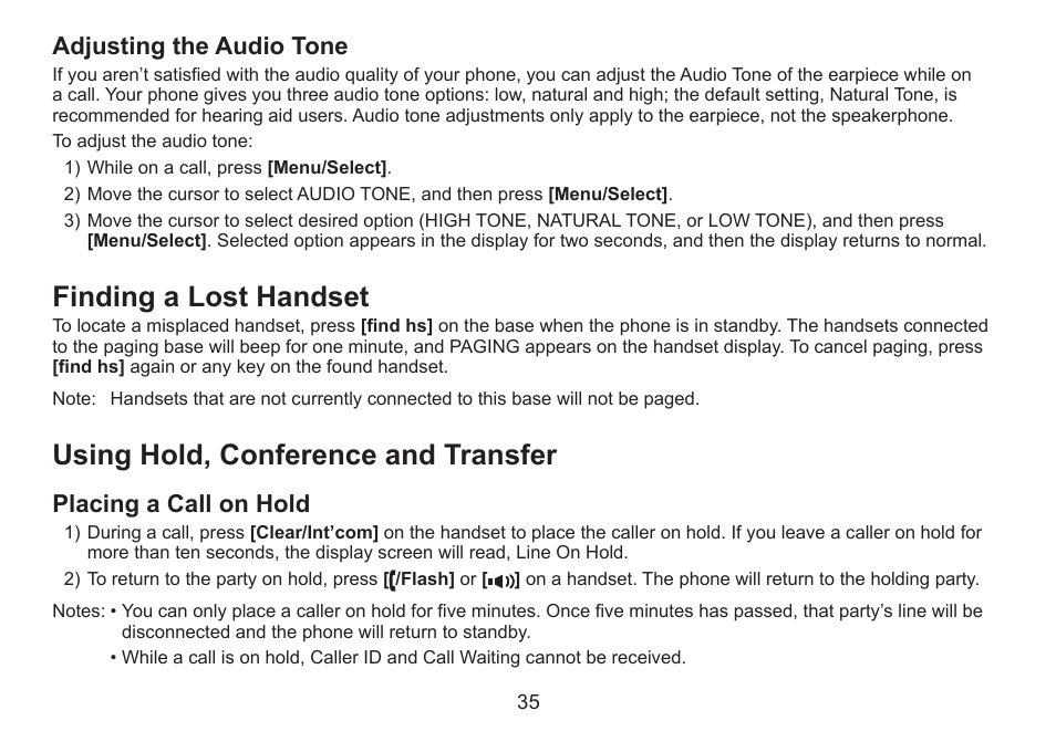 Adjusting the audio tone, Finding a lost handset, Using hold, conference and transfer | Placing a call on hold, Adjusting.the.audio.tone, Placing.a.call.on.hold | Uniden DECT2060 User Manual | Page 36 / 56
