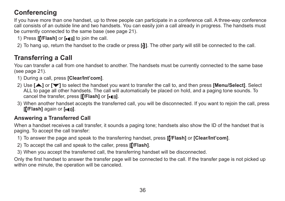 Conferencing, Transferring a call, Transferring.a.call | Uniden DECT2060 User Manual | Page 37 / 56