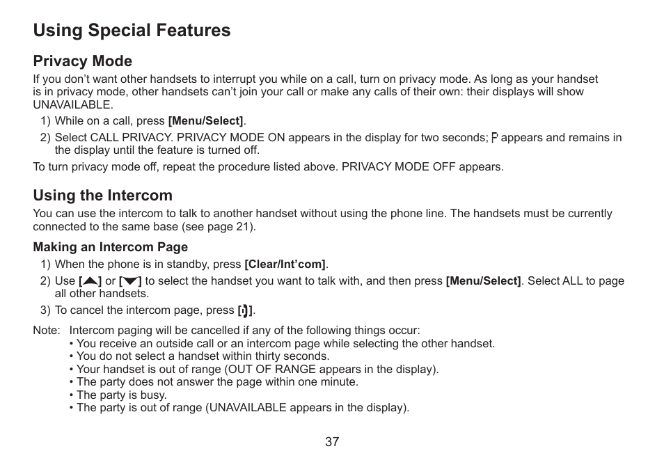 Using special features, Privacy mode, Using the intercom | Privacy.mode, Using.the.intercom | Uniden DECT2060 User Manual | Page 38 / 56
