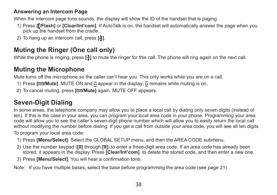 Muting the ringer (one call only), Muting the microphone, Seven-digit dialing | Muting.the.ringer.(one.call.only), Muting.the.microphone, Seven-digit.dialing | Uniden DECT2060 User Manual | Page 39 / 56