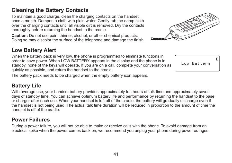 Cleaning the battery contacts, Low battery alert, Battery life | Power failures, Cleaning.the.battery.contacts, Low.battery.alert, Battery.life, Power.failures | Uniden DECT2060 User Manual | Page 42 / 56