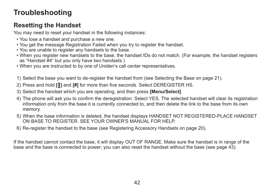 Troubleshooting, Resetting the handset, Resetting.the.handset | Uniden DECT2060 User Manual | Page 43 / 56