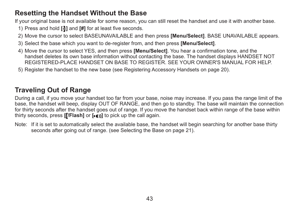 Resetting the handset without the base, Traveling out of range, Resetting.the.handset.without.the.base | Traveling.out.of.range | Uniden DECT2060 User Manual | Page 44 / 56