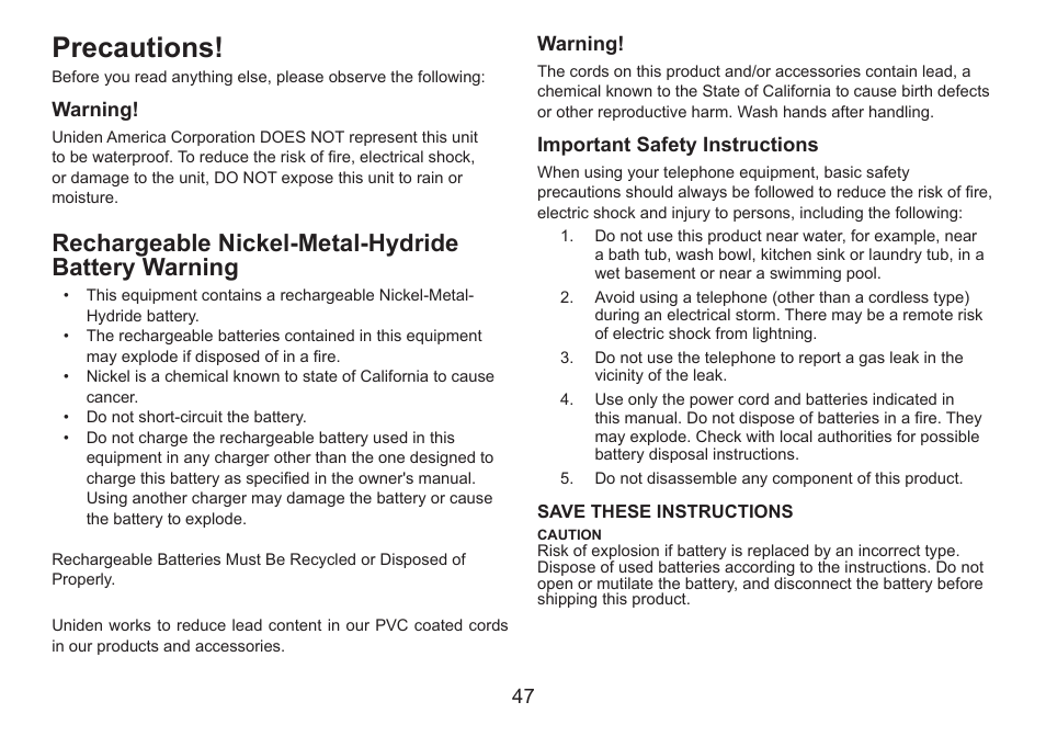 Precautions, Rechargeable nickel-metal-hydride battery warning, Rechargeable.nickel-metal-hydride.battery | Warning | Uniden DECT2060 User Manual | Page 48 / 56