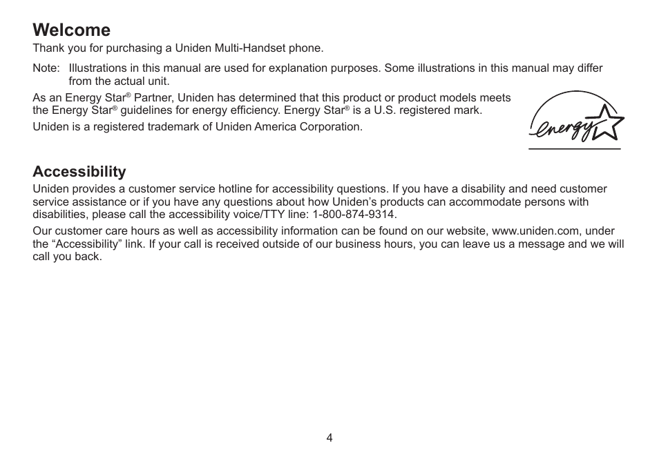 Welcome, Accessibility | Uniden DECT2060 User Manual | Page 5 / 56