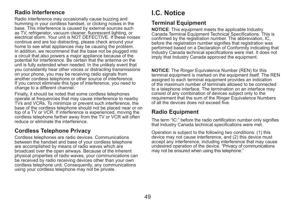 I.c. notice, I.c..notice, 49 radio interference | Cordless telephone privacy, Terminal equipment, Radio equipment | Uniden DECT2060 User Manual | Page 50 / 56