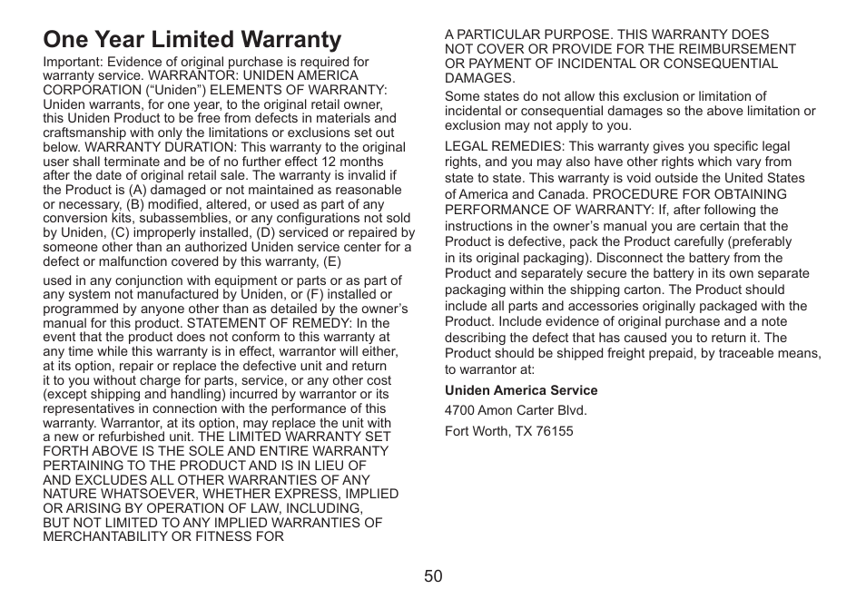 One year limited warranty | Uniden DECT2060 User Manual | Page 51 / 56