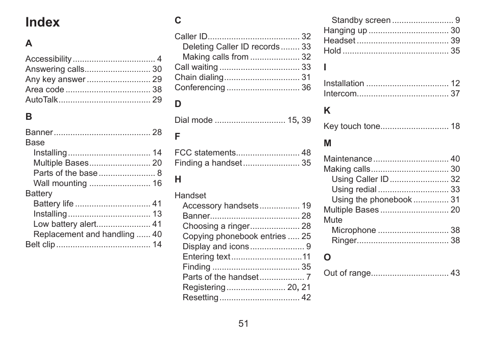 Index | Uniden DECT2060 User Manual | Page 52 / 56