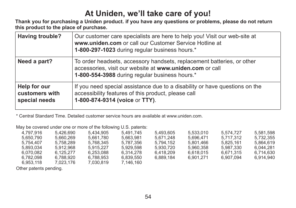 At uniden, we’ll take care of you | Uniden DECT2060 User Manual | Page 55 / 56