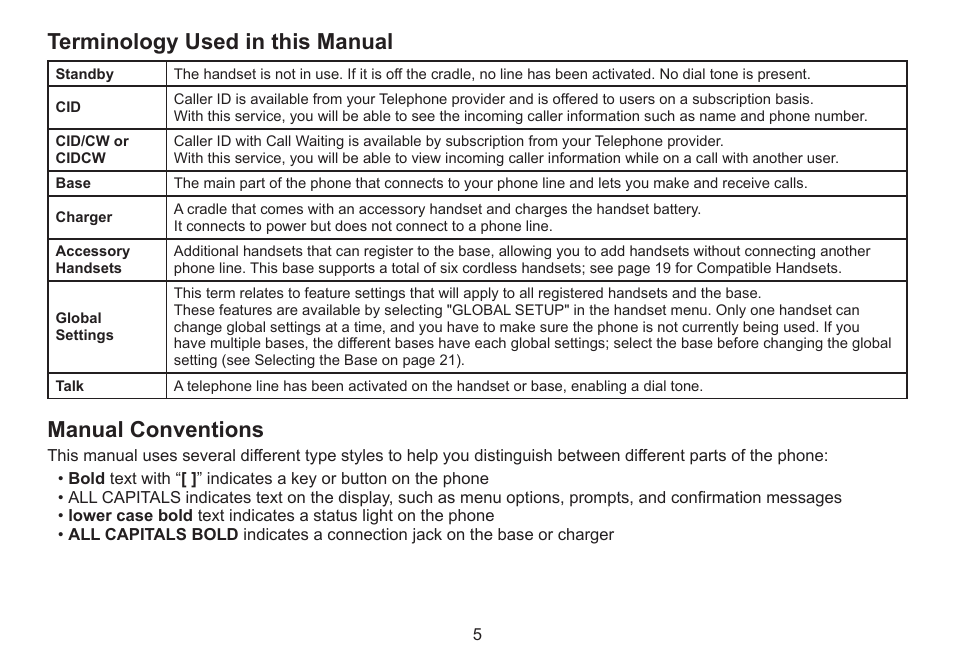 Terminology used in this manual, Manual conventions, Terminology.used.in.this.manual | Manual.conventions | Uniden DECT2060 User Manual | Page 6 / 56