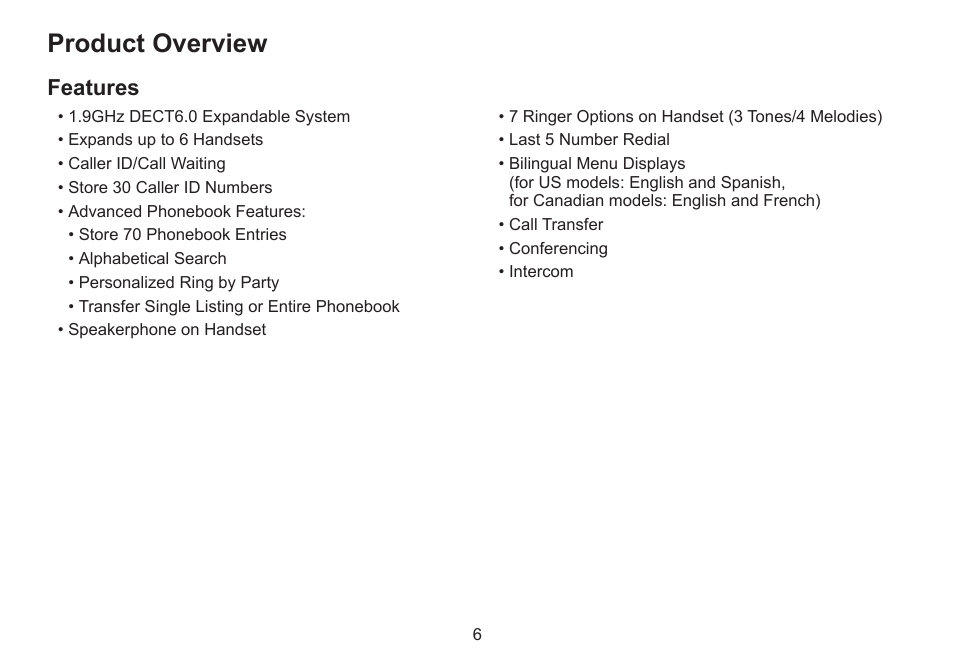 Product overview, Features | Uniden DECT2060 User Manual | Page 7 / 56