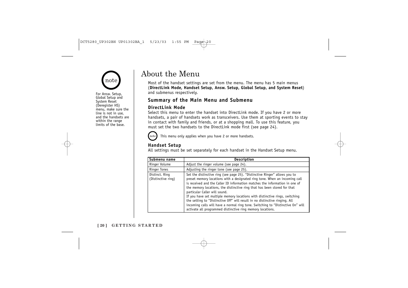 About the menu | Uniden DCT5280 User Manual | Page 22 / 84
