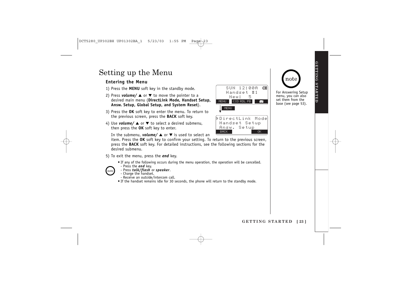 Setting up the menu | Uniden DCT5280 User Manual | Page 25 / 84