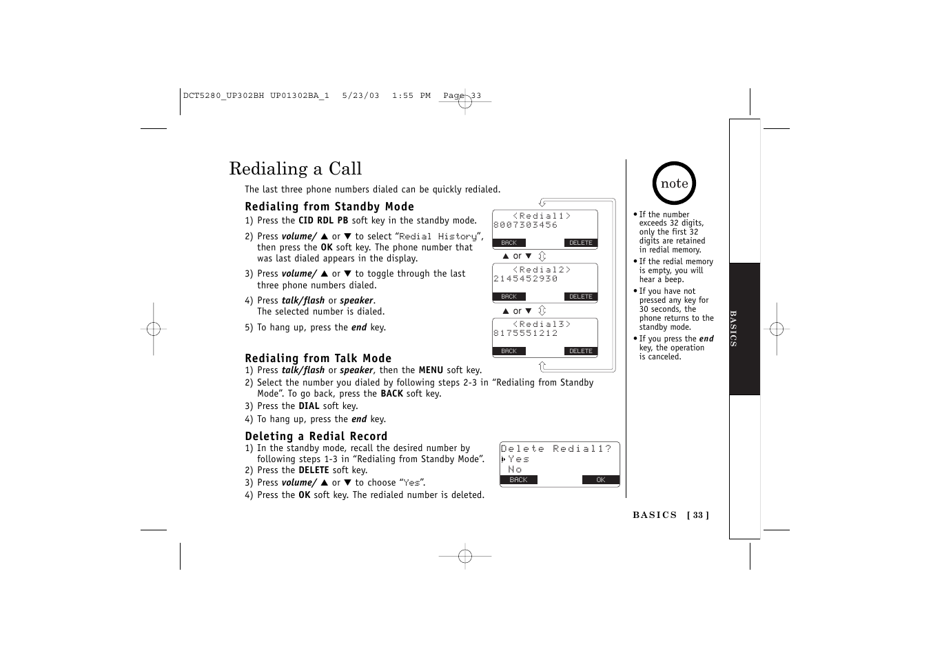 Redialing a call | Uniden DCT5280 User Manual | Page 35 / 84