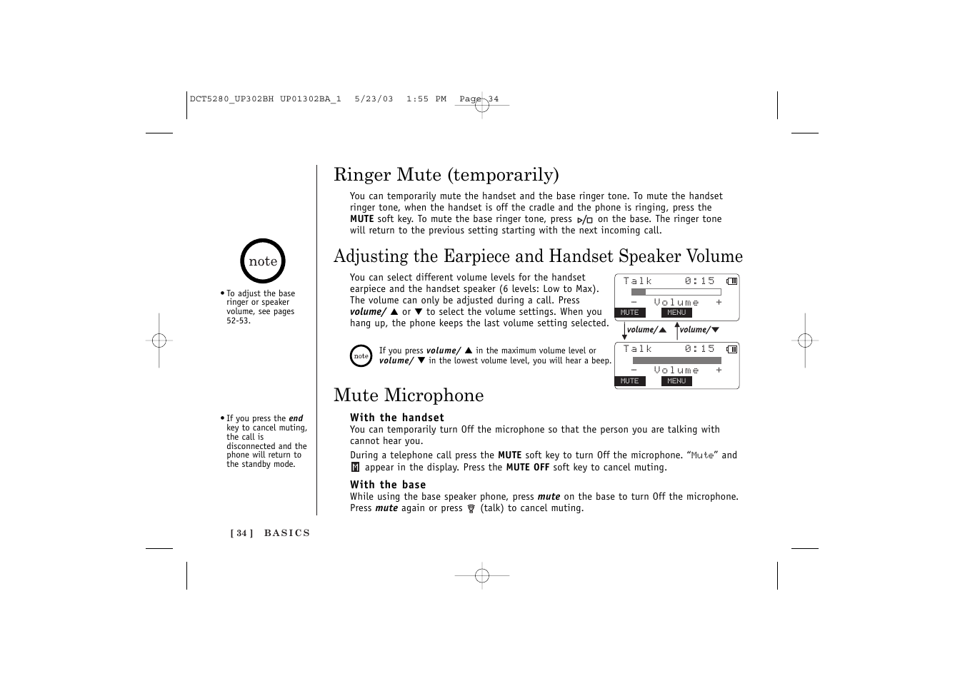 Mute microphone, Adjusting the earpiece and handset speaker volume, Ringer mute (temporarily) | Uniden DCT5280 User Manual | Page 36 / 84