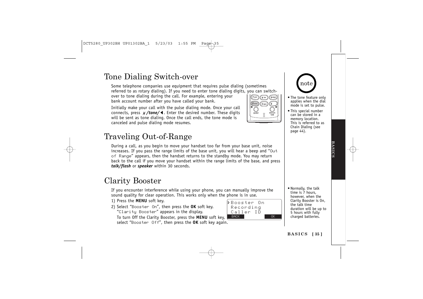 Tone dialing switch-over, Traveling out-of-range, Clarity booster | Uniden DCT5280 User Manual | Page 37 / 84
