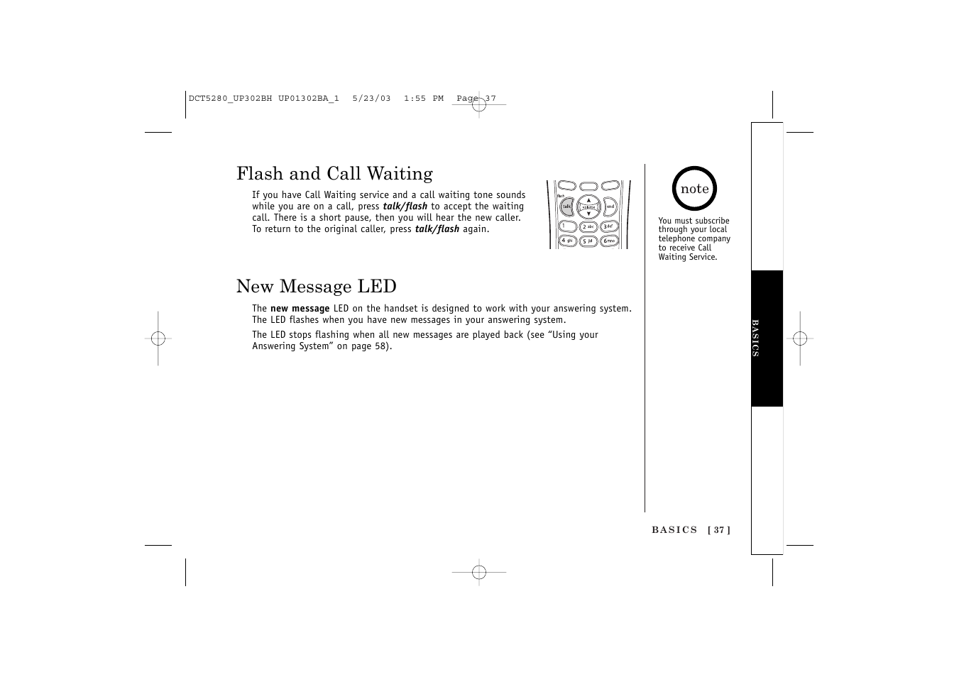 New message led, Flash and call waiting | Uniden DCT5280 User Manual | Page 39 / 84