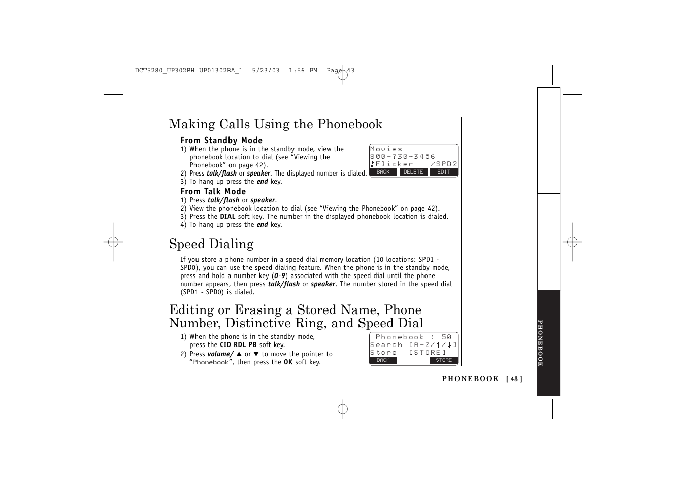 Making calls using the phonebook, Speed dialing | Uniden DCT5280 User Manual | Page 45 / 84