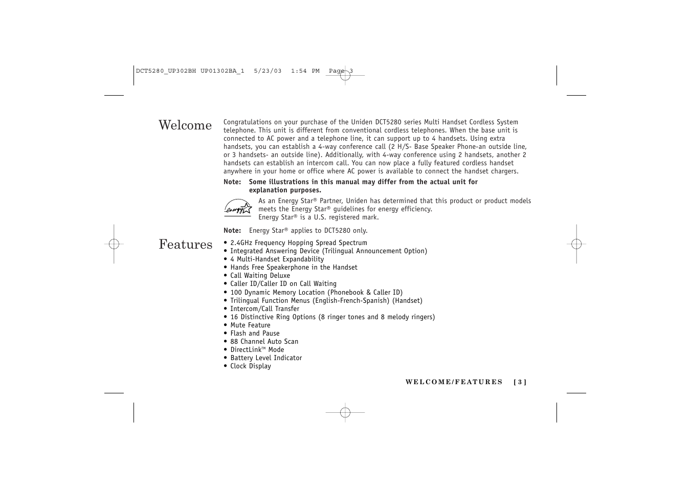 Welcome features | Uniden DCT5280 User Manual | Page 5 / 84