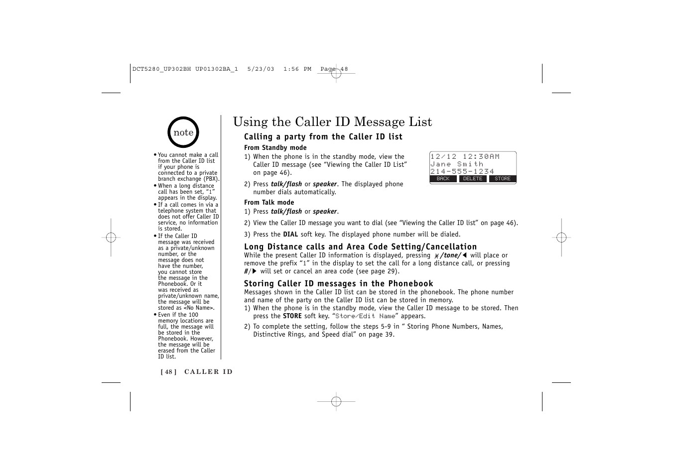 Using the caller id message list | Uniden DCT5280 User Manual | Page 50 / 84