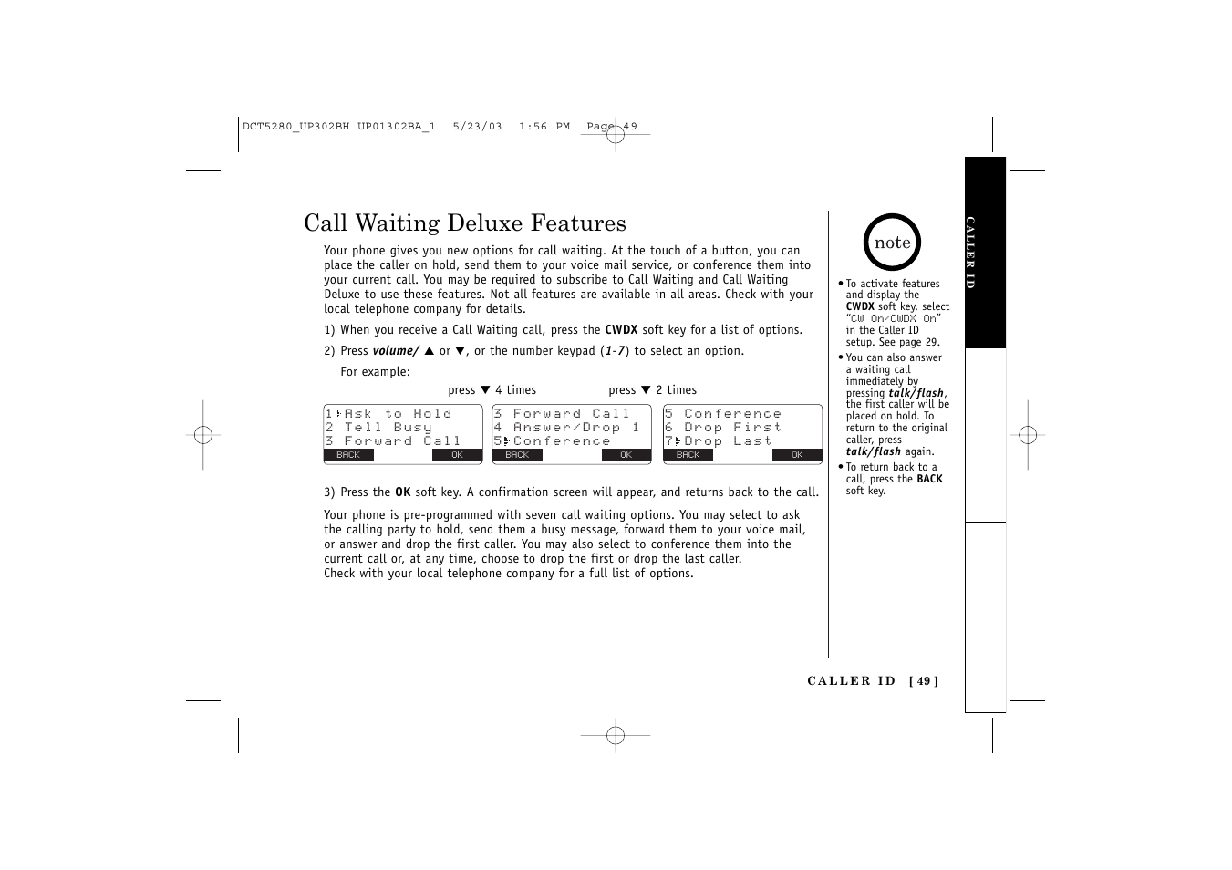 Call waiting deluxe features | Uniden DCT5280 User Manual | Page 51 / 84
