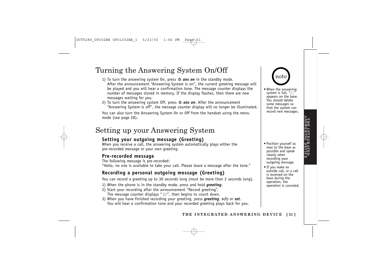 Turning the answering system on/off, Setting up your answering system | Uniden DCT5280 User Manual | Page 53 / 84