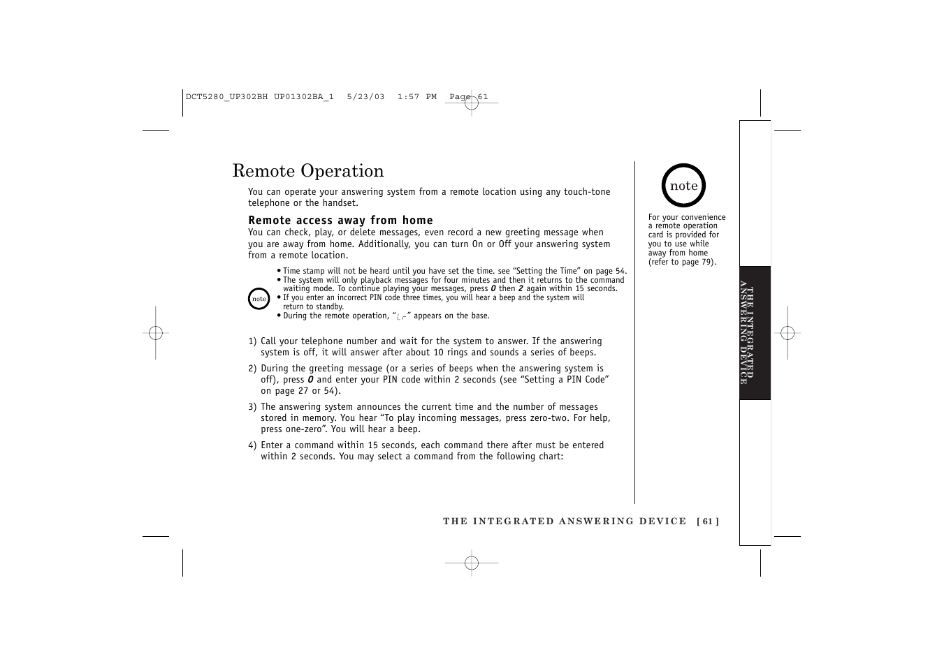 Remote operation | Uniden DCT5280 User Manual | Page 63 / 84