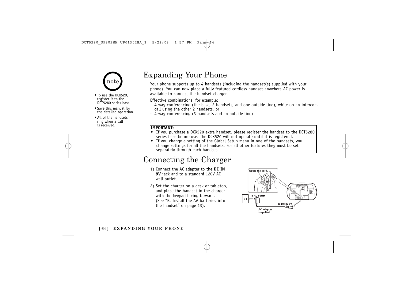 Expanding your phone, Connecting the charger | Uniden DCT5280 User Manual | Page 66 / 84