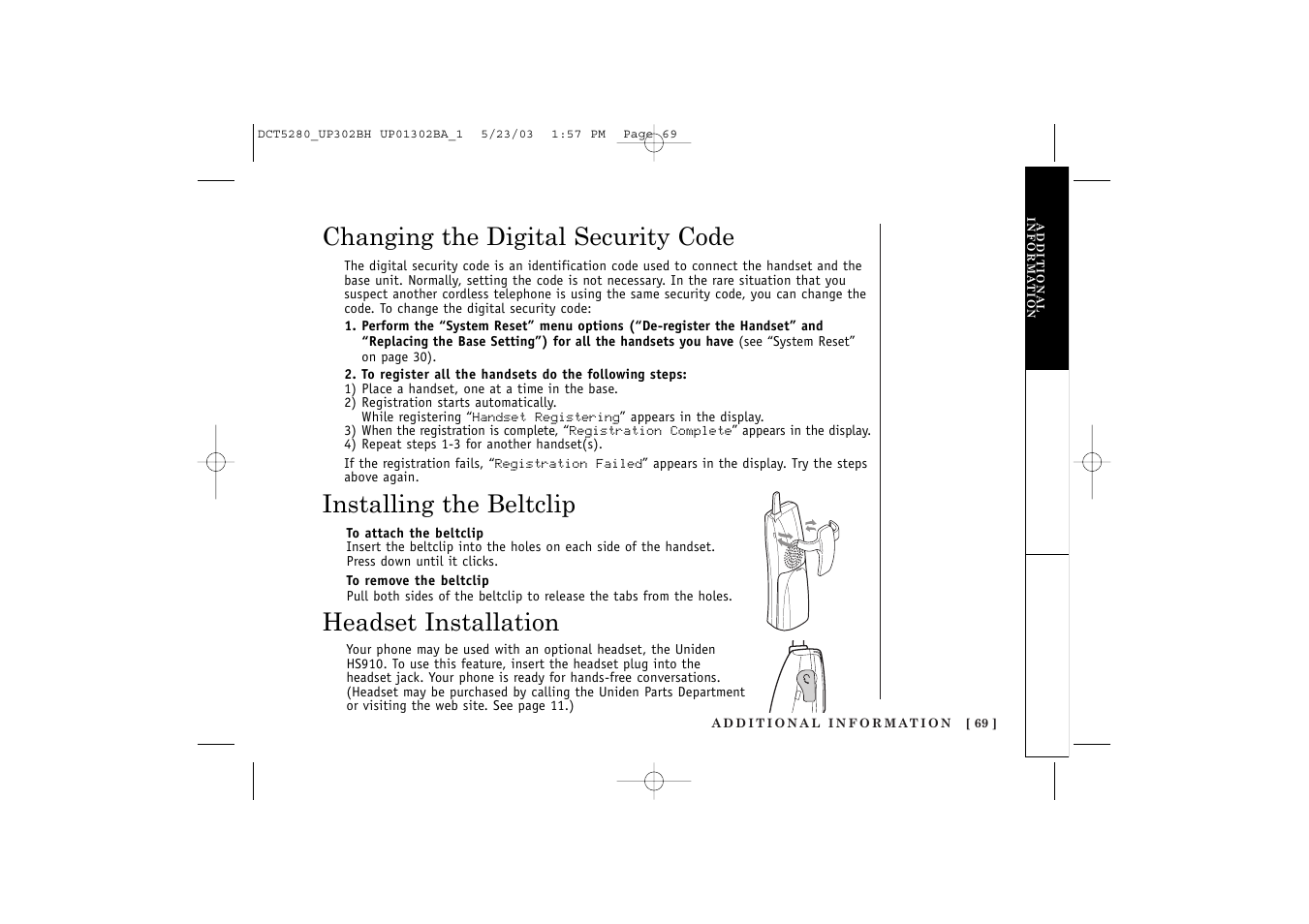 Headset installation | Uniden DCT5280 User Manual | Page 71 / 84