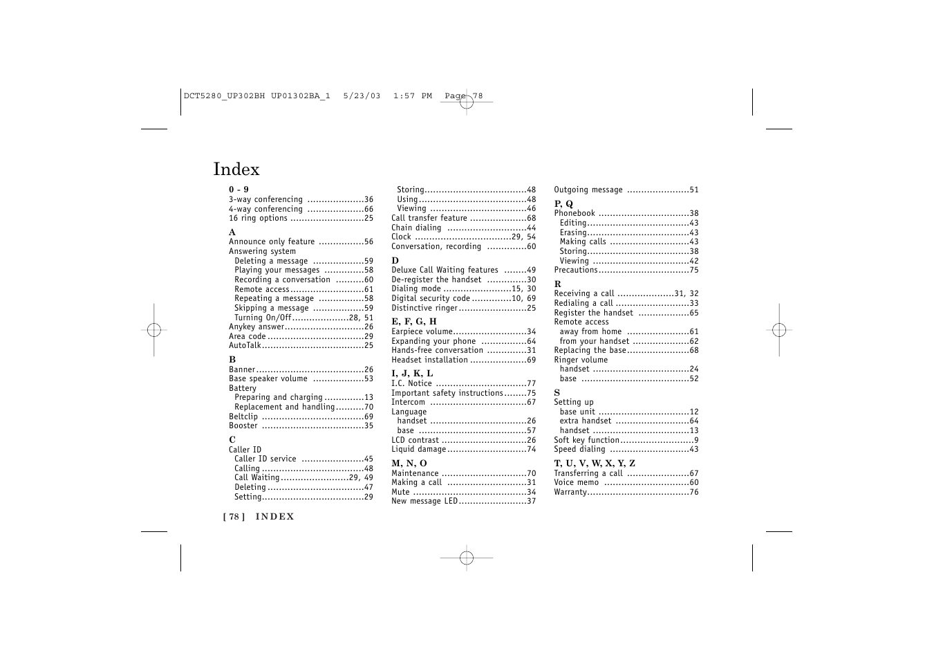 Index | Uniden DCT5280 User Manual | Page 80 / 84