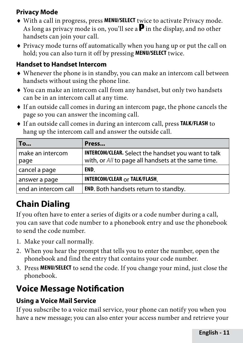 Chain dialing, Voice message notification | Uniden D1660 User Manual | Page 11 / 18