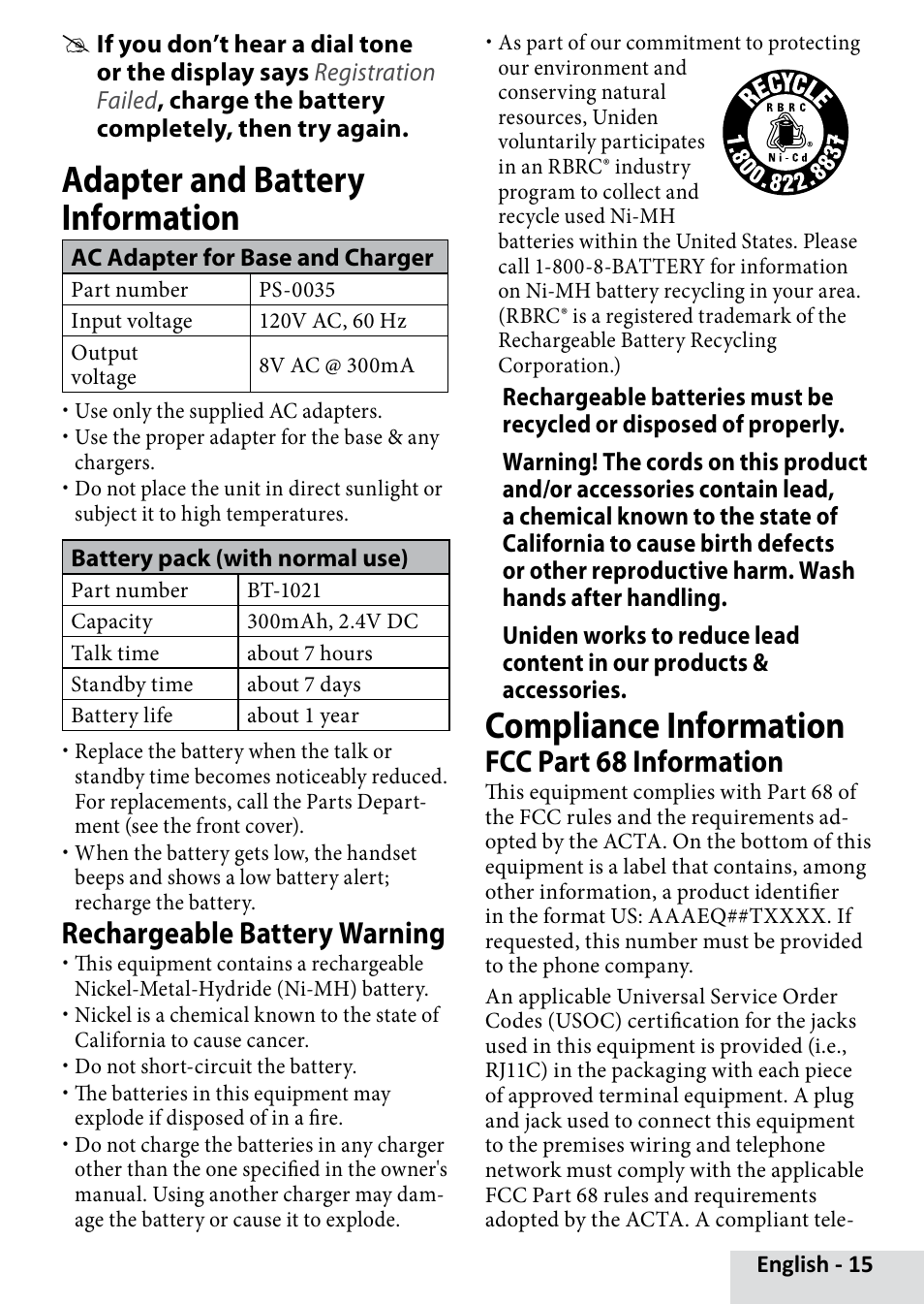 Adapter and battery information, Compliance information, Rechargeable battery warning | Fcc part 68 information | Uniden D1660 User Manual | Page 15 / 18