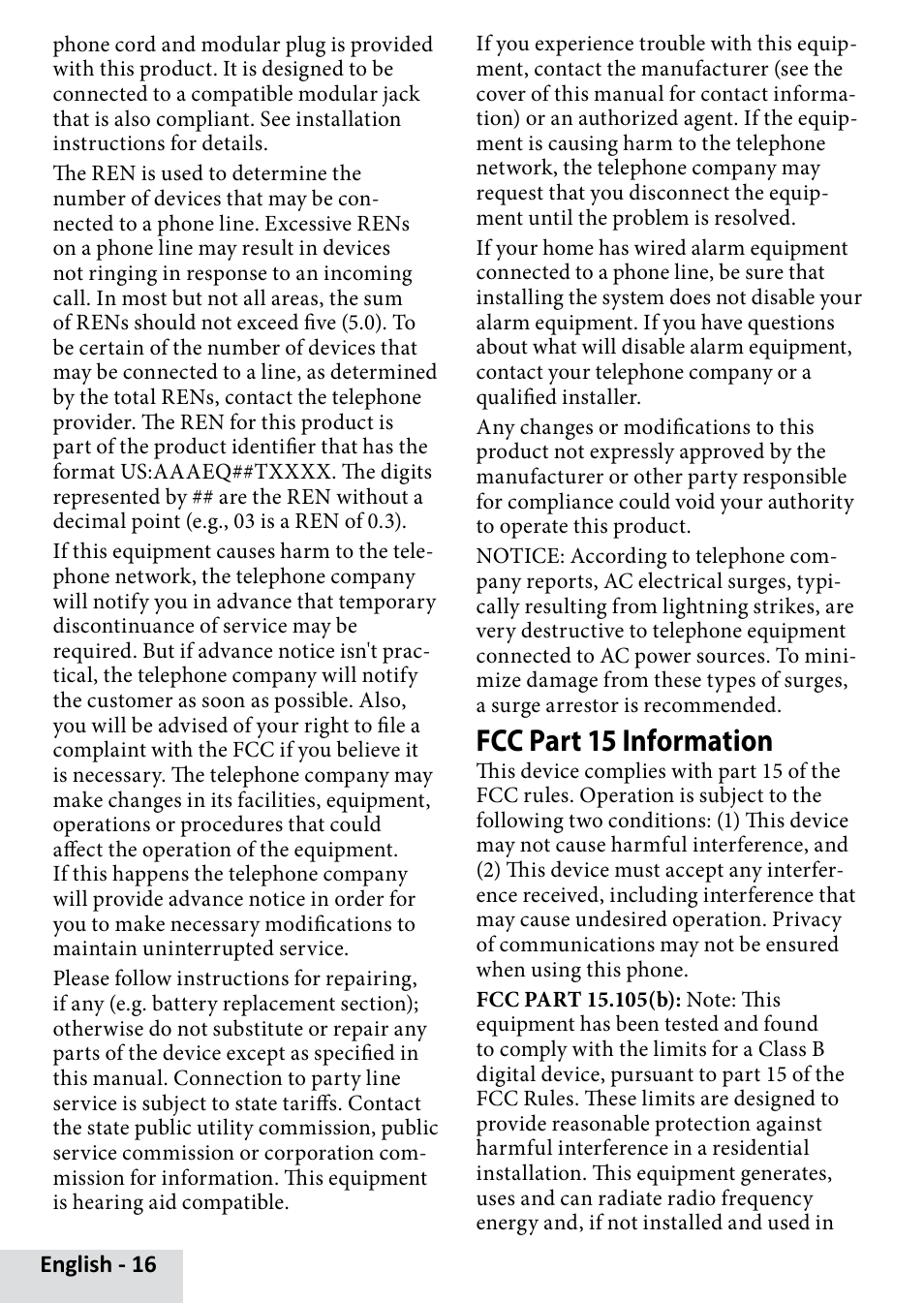 Fcc part 15 information | Uniden D1660 User Manual | Page 16 / 18