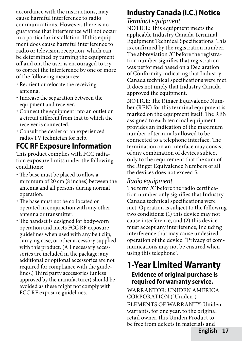 Year limited warranty, Fcc rf exposure information, Industry canada (i.c.) notice | Terminal equipment, Radio equipment | Uniden D1660 User Manual | Page 17 / 18