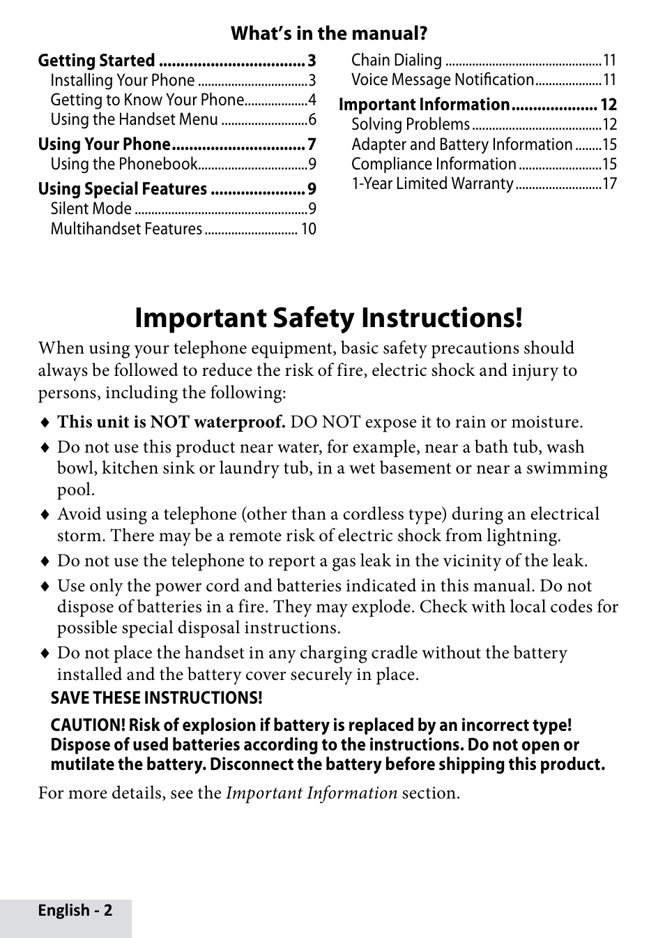 Important safety instructions | Uniden D1660 User Manual | Page 2 / 18