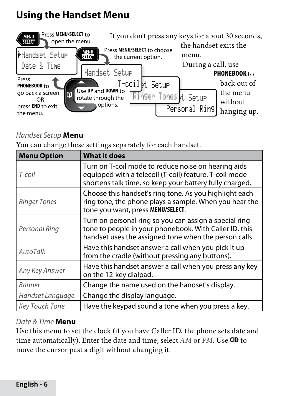 Using the handset menu | Uniden D1660 User Manual | Page 6 / 18