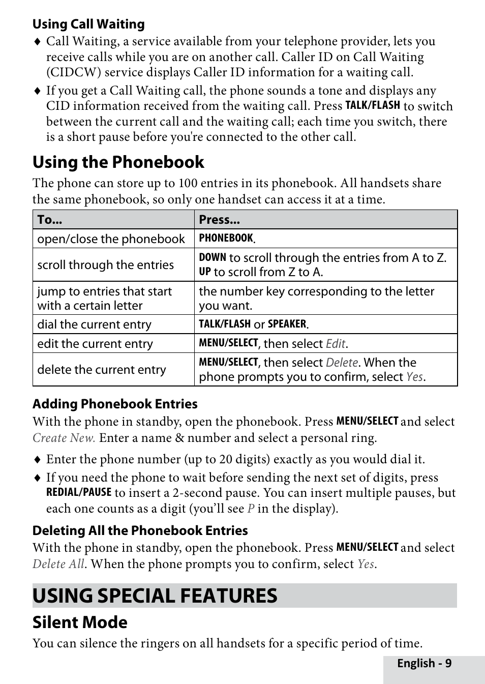 Using special features, Using the phonebook, Silent mode | Uniden D1660 User Manual | Page 9 / 18