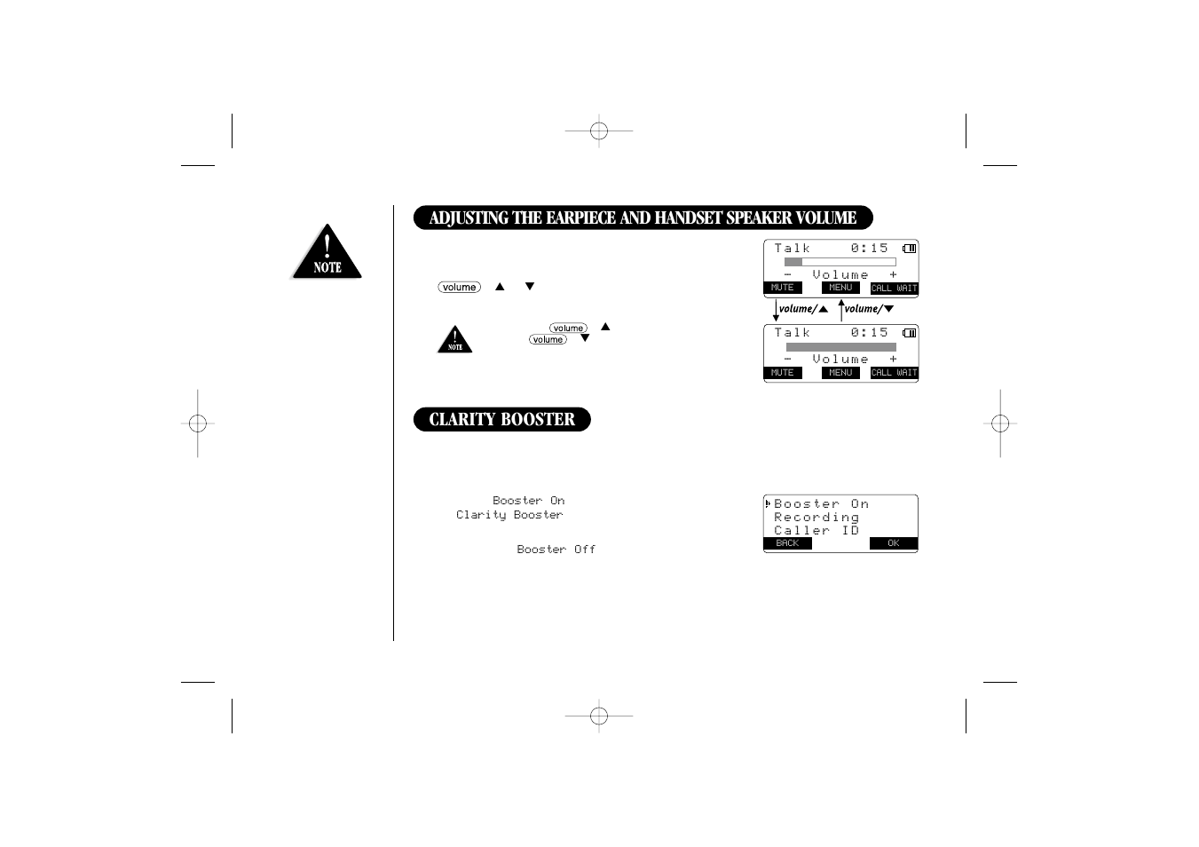 Adjusting the earpiece and handset speaker volume, Clarity booster | Uniden 2465 User Manual | Page 32 / 76