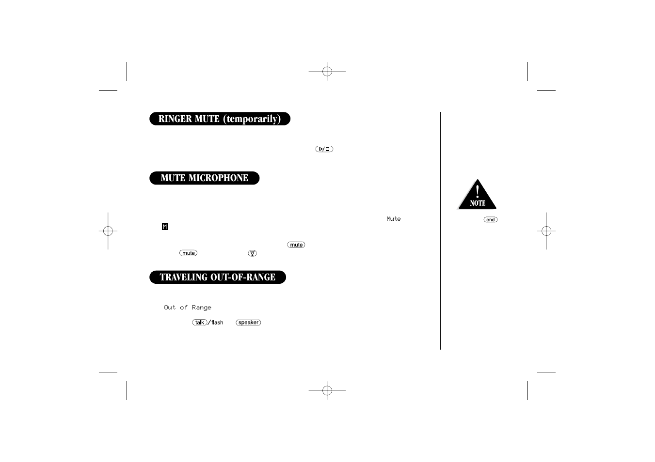 Traveling out-of-range, Mute microphone, Ringer mute (temporarily) | Uniden 2465 User Manual | Page 33 / 76