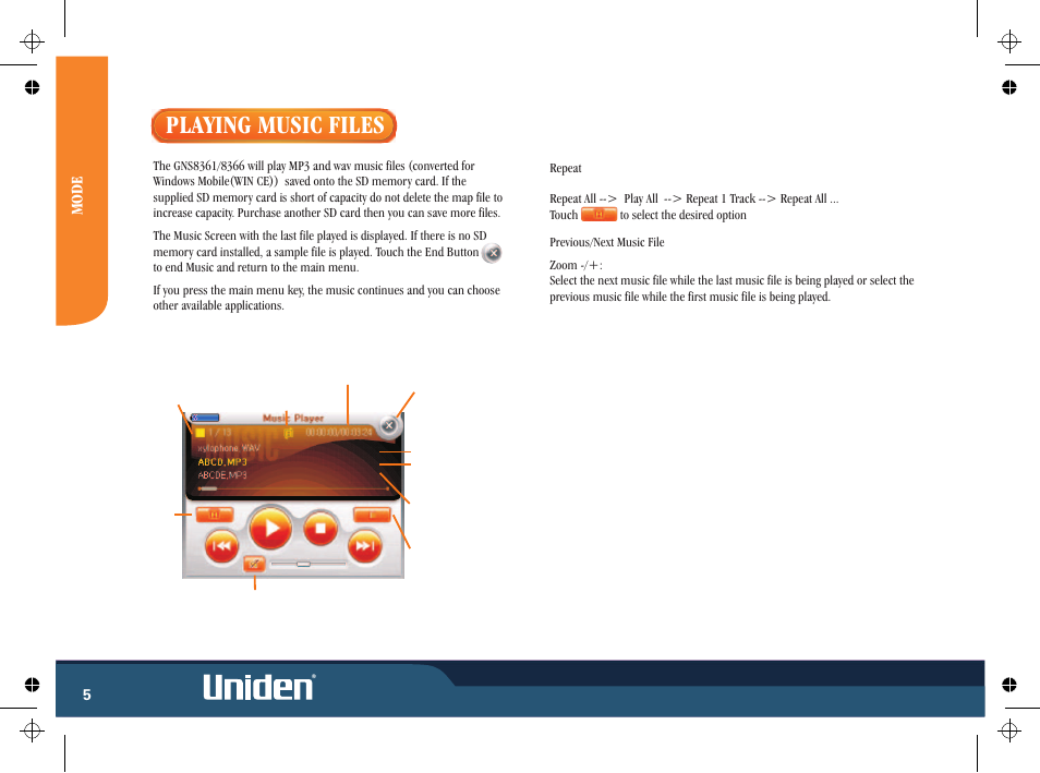 Playing music files, Mode | Uniden GNS8361 User Manual | Page 12 / 76