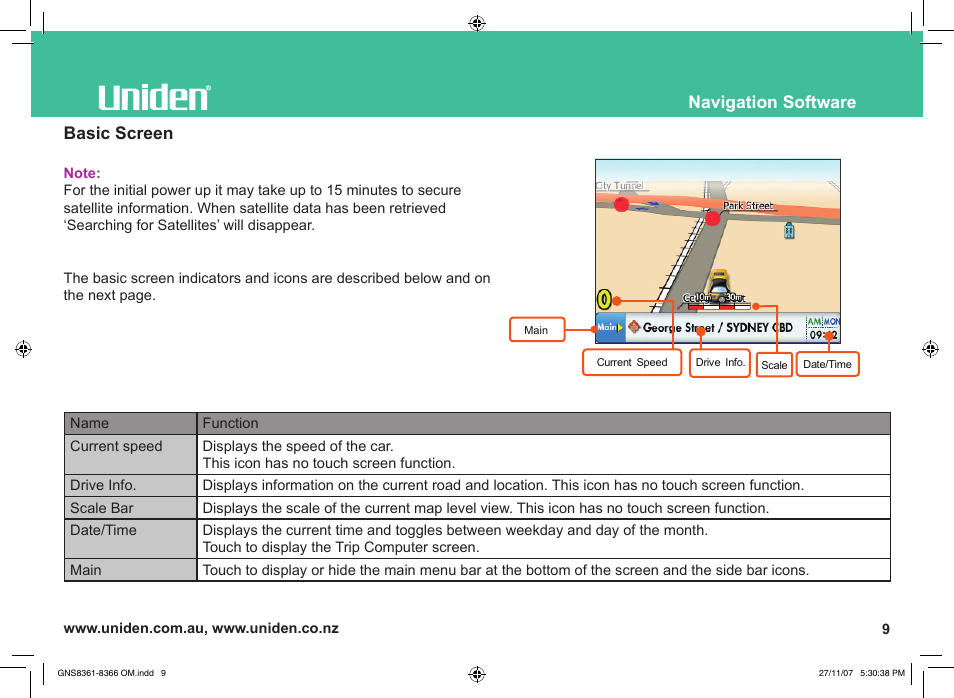 Navigation software, Basic screen | Uniden GNS8361 User Manual | Page 38 / 76