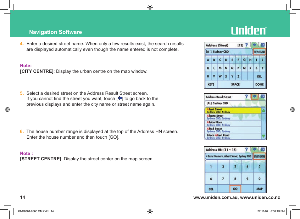 Navigation software | Uniden GNS8361 User Manual | Page 43 / 76