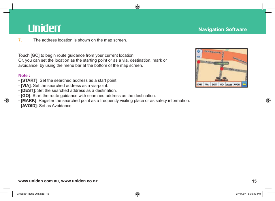 Navigation software | Uniden GNS8361 User Manual | Page 44 / 76