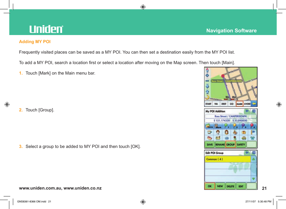 Navigation software | Uniden GNS8361 User Manual | Page 50 / 76